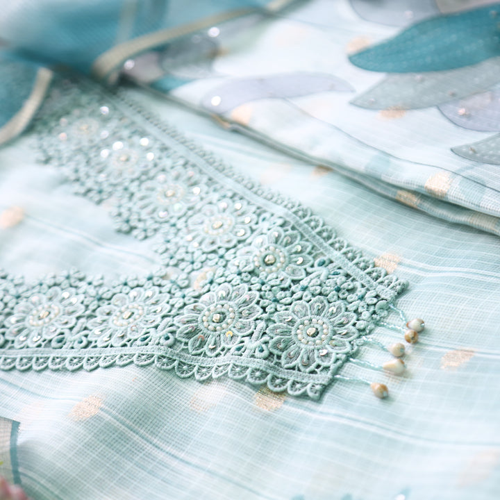 Zahir Ocean Blue V Neck Lace Work Brocade Woven Kota Doriya Set