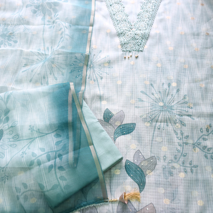 Zahir Ocean Blue V Neck Lace Work Brocade Woven Kota Doriya Set