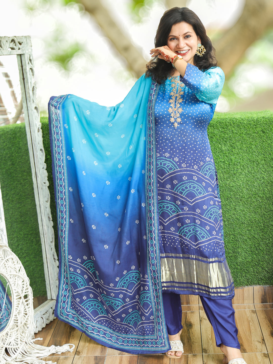 Meera Peacock Blue Embellish Bandhani Muslin 3 Piece Set