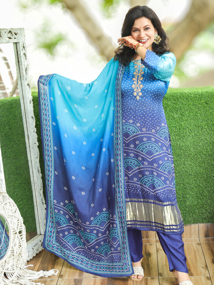 Meera Peacock Blue Embellish Bandhani Muslin 3 Piece Set