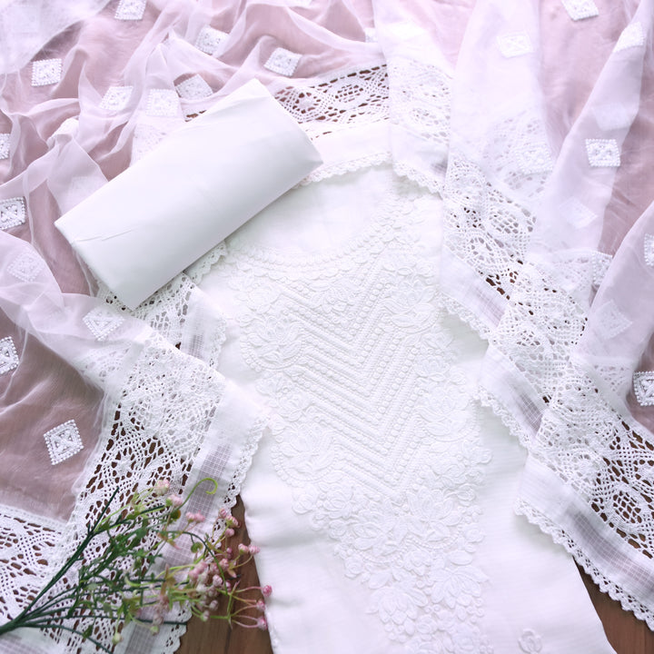 Noor Pearl White All Over Thread Embroidered Kota Doriya Set