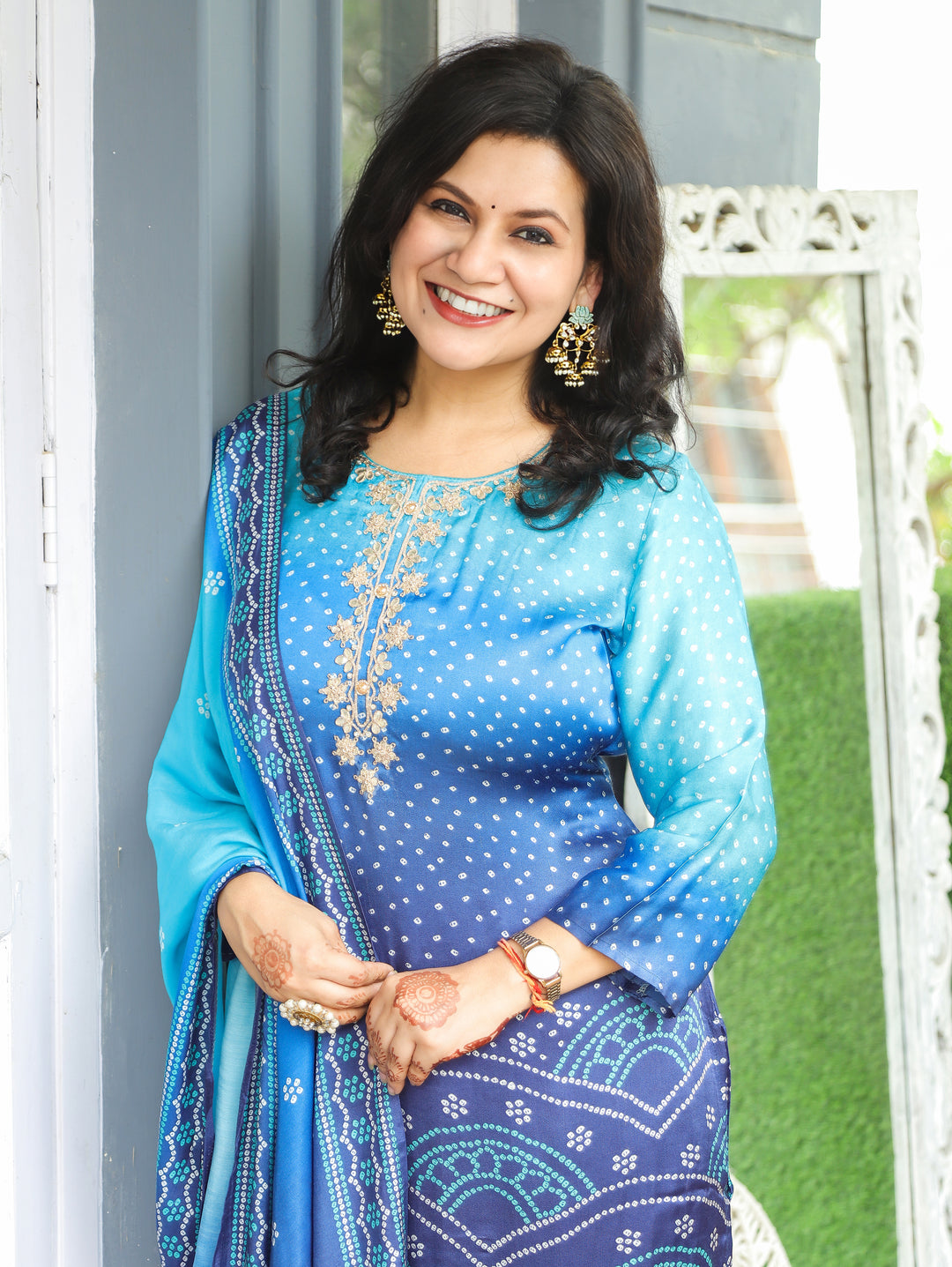 Meera Peacock Blue Embellish Bandhani Muslin 3 Piece Set