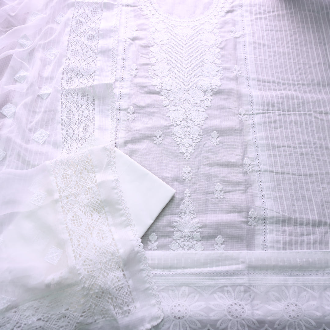 Noor Pearl White All Over Thread Embroidered Kota Doriya Set