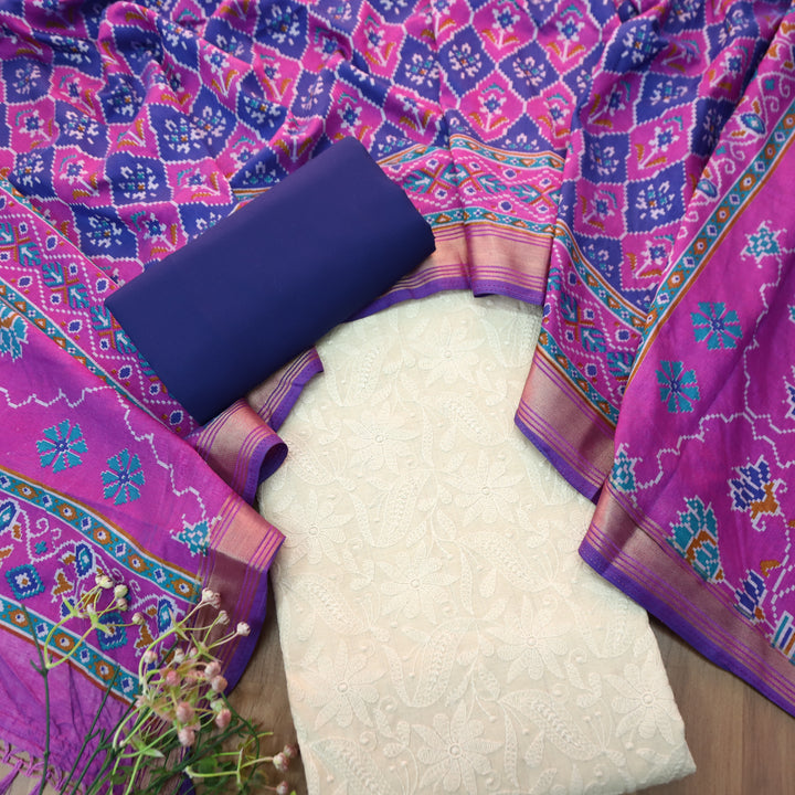 Amriti Beige All Over Embroidered Linen Set with Blue  Patola Dupatta