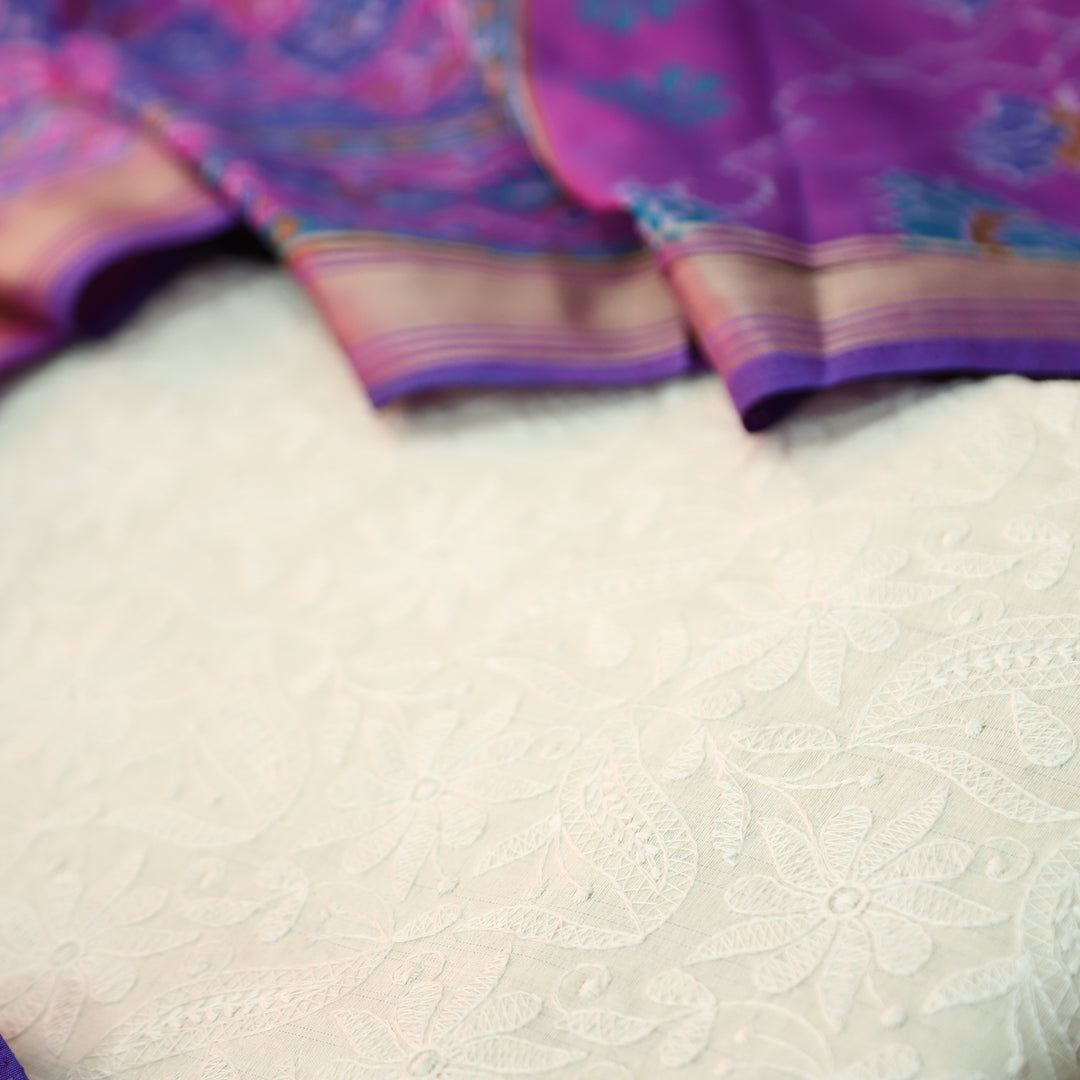 Amriti Beige All Over Embroidered Linen Set with Blue  Patola Dupatta
