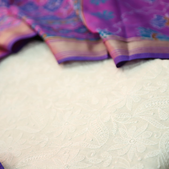 Amriti Beige All Over Embroidered Linen Set with Blue  Patola Dupatta