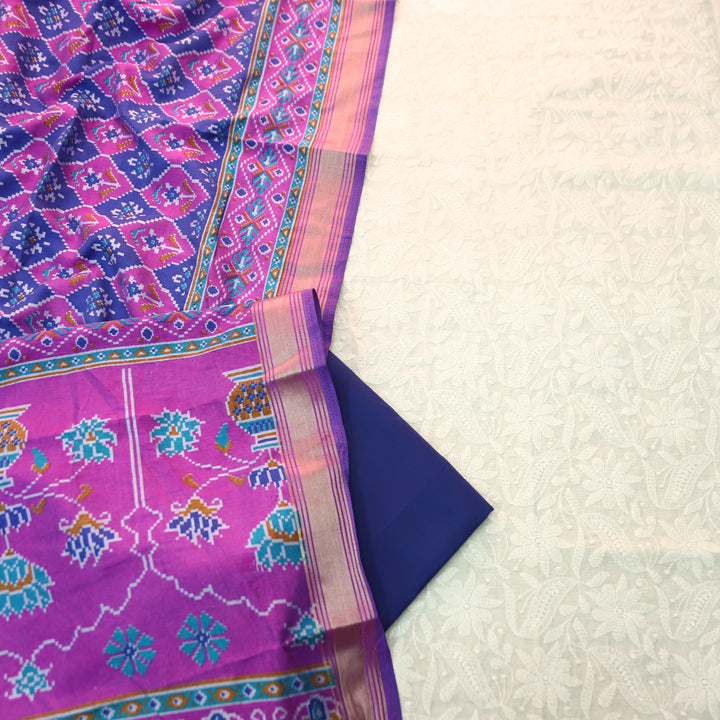 Amriti Beige All Over Embroidered Linen Set with Blue  Patola Dupatta