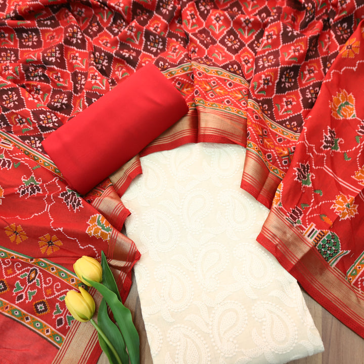 Amriti Beige All Over Embroidered Linen Set with Red Patola Dupatta