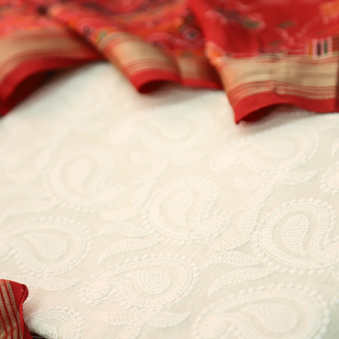 Amriti Beige All Over Embroidered Linen Set with Red Patola Dupatta