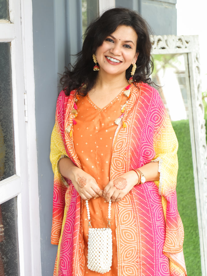 Piya Orange Zari Dobby Cotton Silk Set with Cape