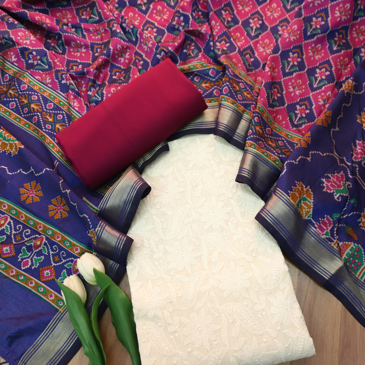 Amriti Beige All Over Embroidered Linen Set with Wine Patola Dupatta