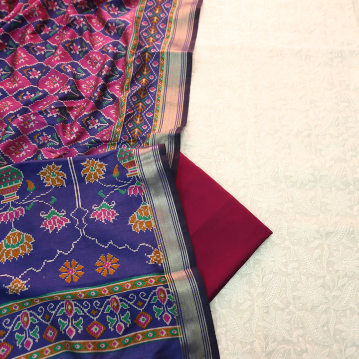 Amriti Beige All Over Embroidered Linen Set with Wine Patola Dupatta
