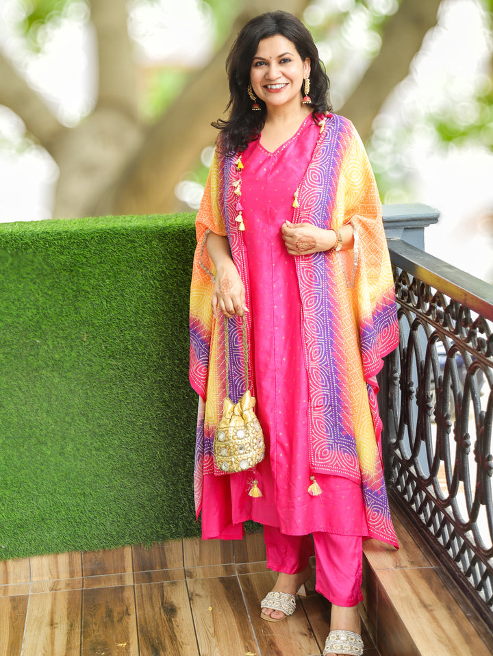 Piya Rani Pink Zari Dobby Cotton Silk Set with Cape