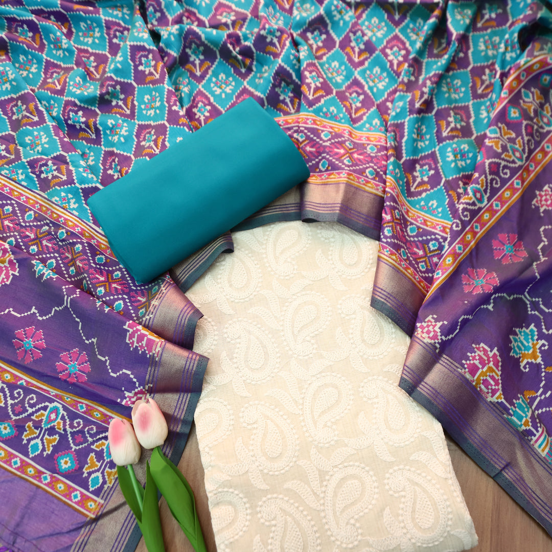 Amriti Beige All Over Embroidered Linen Set with Aqua Patola Dupatta