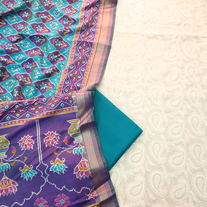 Amriti Beige All Over Embroidered Linen Set with Aqua Patola Dupatta