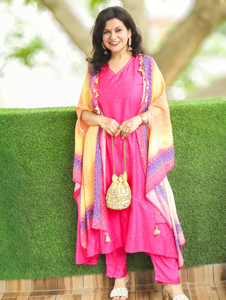 Piya Rani Pink Zari Dobby Cotton Silk Set with Cape