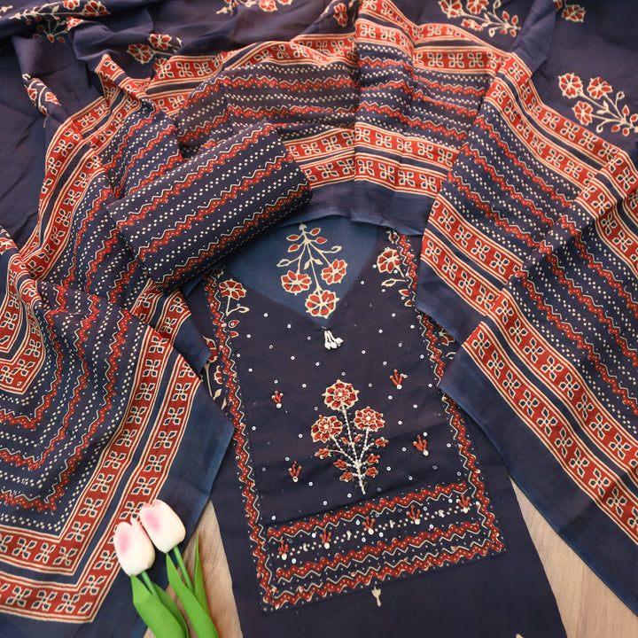 Raina Navy Blue French Knot Yoke Floral Printed Cotton Set