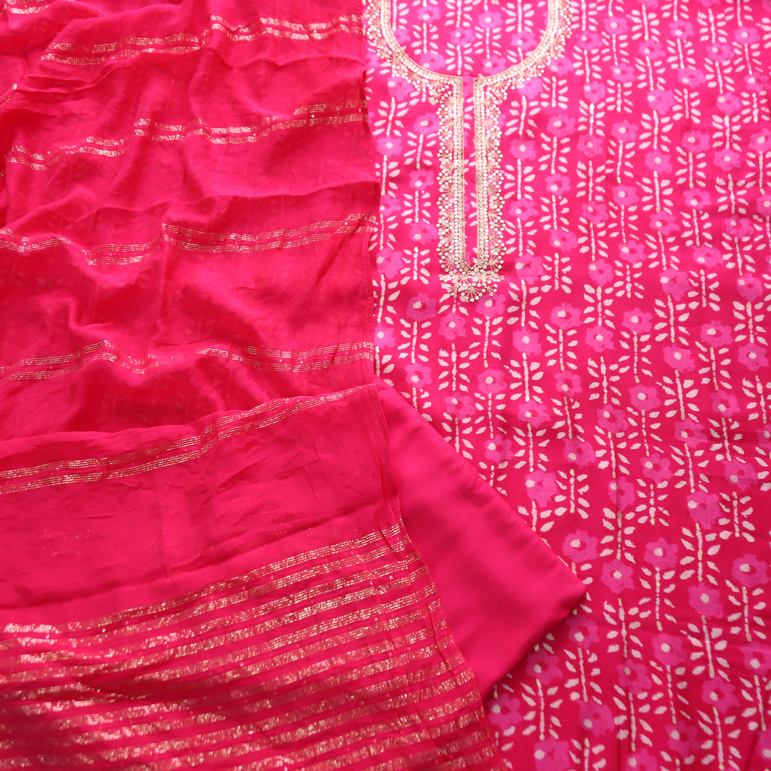 Sajna Rani Pink Embellish Zari Neck Work in Foil Work Modal Suit Set