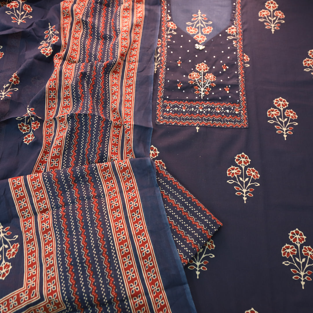 Raina Navy Blue French Knot Yoke Floral Printed Cotton Set