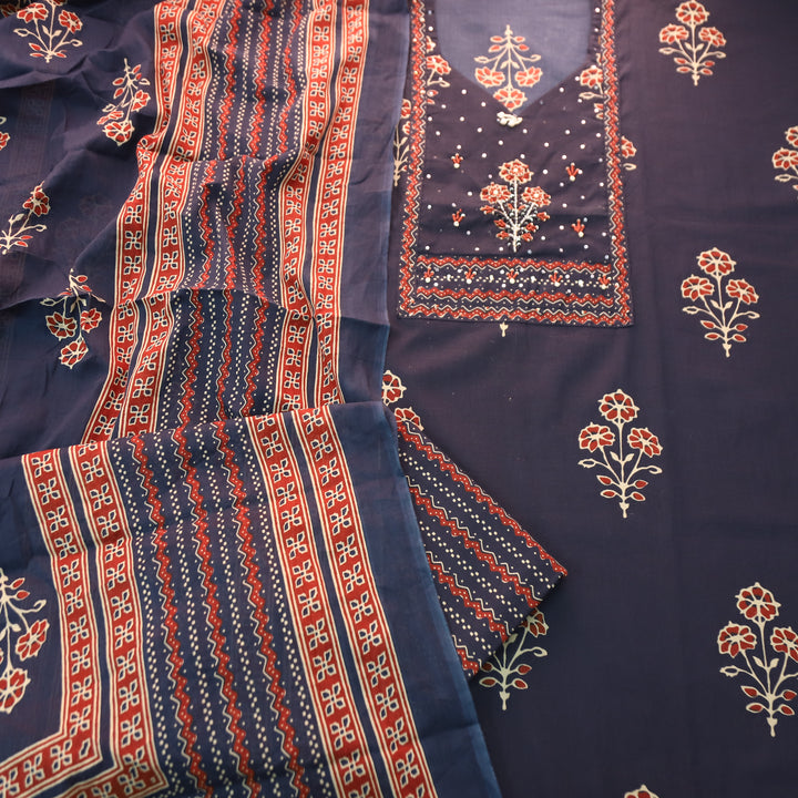 Raina Navy Blue French Knot Yoke Floral Printed Cotton Set