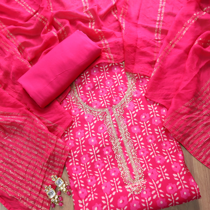 Sajna Rani Pink Embellish Zari Neck Work in Foil Work Modal Suit Set