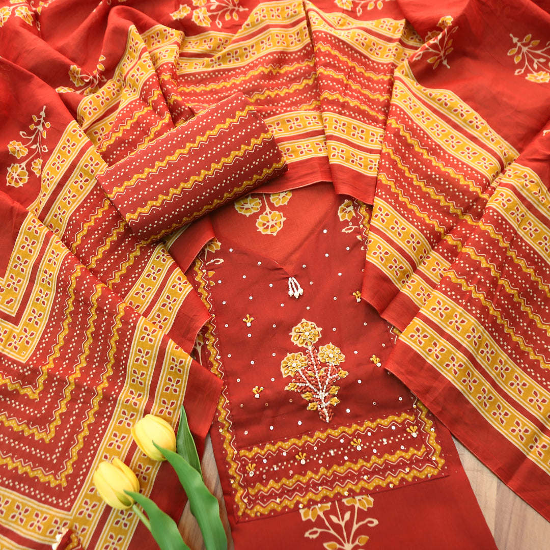 Raina Tomato Red French Knot Yoke Floral Printed Cotton Set
