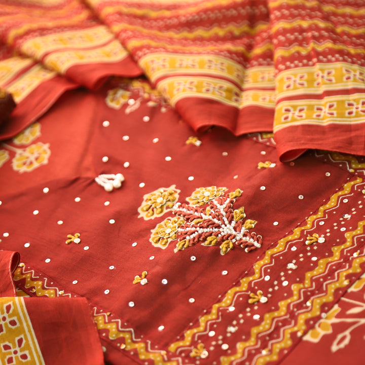 Raina Tomato Red French Knot Yoke Floral Printed Cotton Set