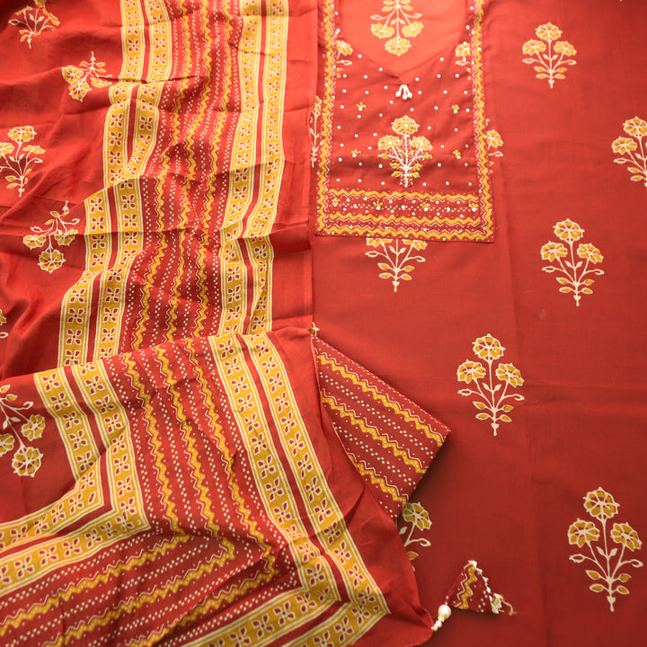 Raina Tomato Red French Knot Yoke Floral Printed Cotton Set
