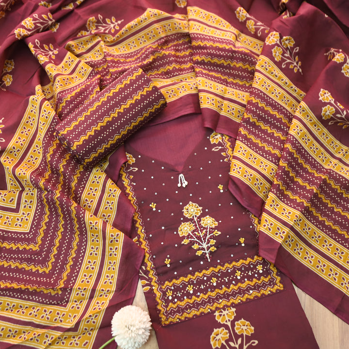 Raina Burgundy Wine French Knot Yoke Floral Printed Cotton Set