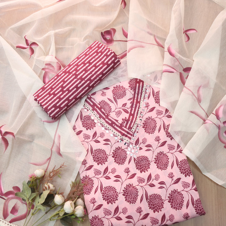 Minakshi Berry Mauve V Mirror Neck Dalia Floral Printed Cotton Suit Set