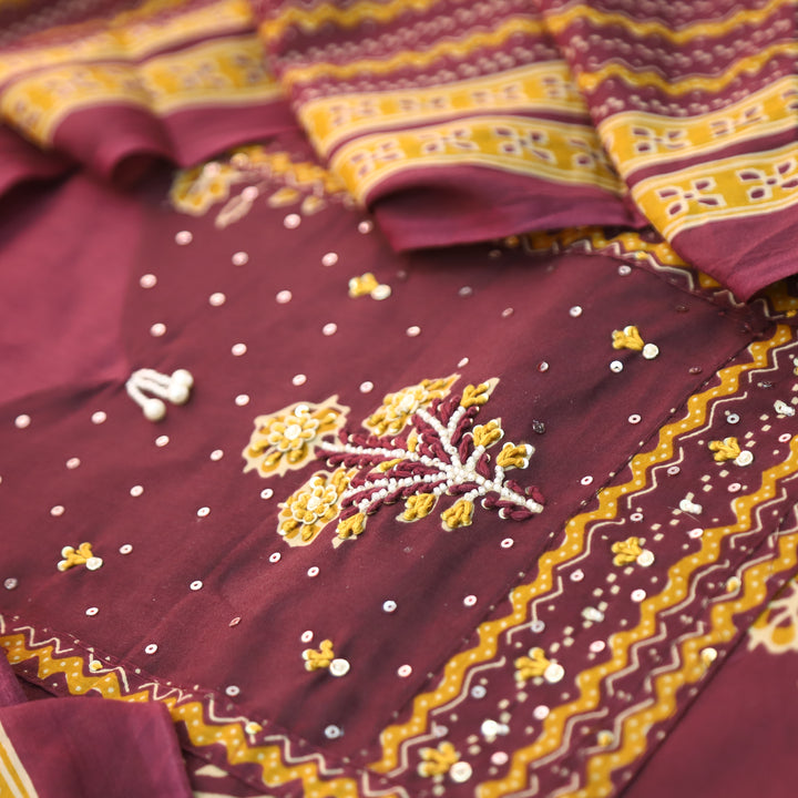 Raina Burgundy Wine French Knot Yoke Floral Printed Cotton Set