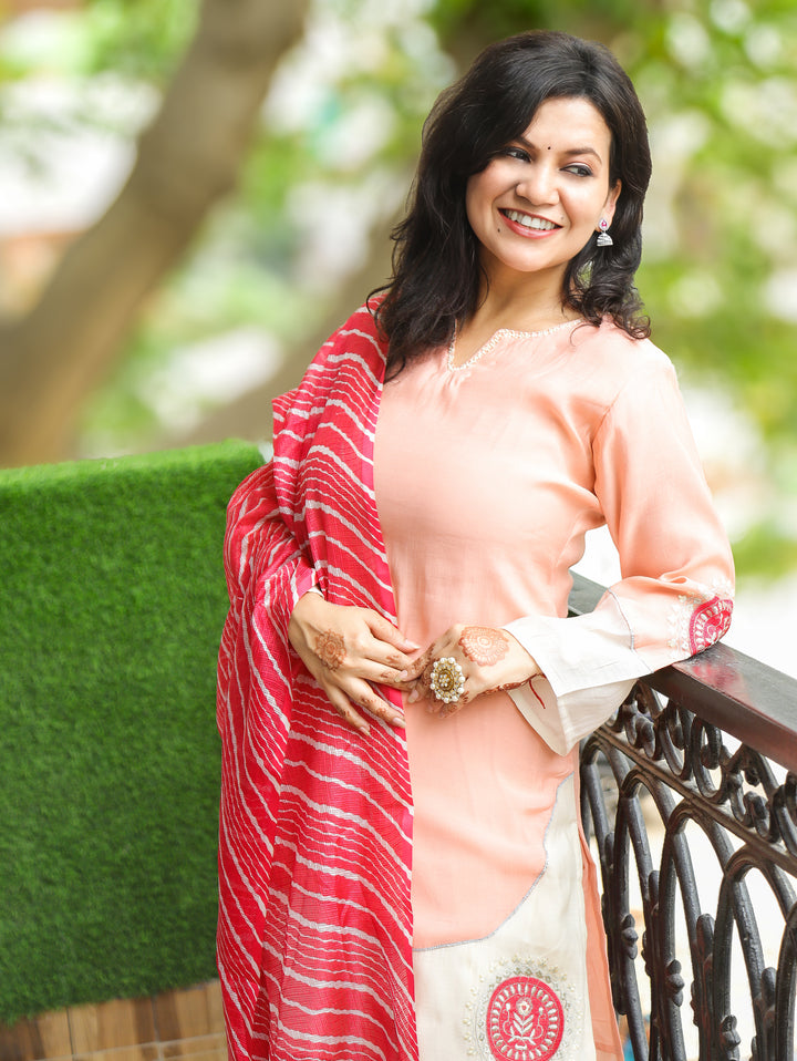 Malaika Peach Embroidered Farsi Mul Chanderi 3 Piece Set