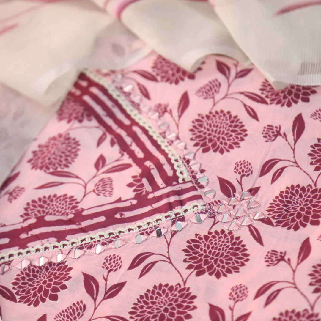 Minakshi Berry Mauve V Mirror Neck Dalia Floral Printed Cotton Suit Set