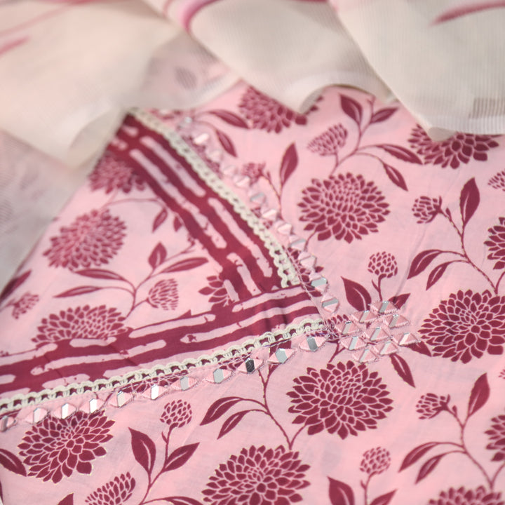 Minakshi Berry Mauve V Mirror Neck Dalia Floral Printed Cotton Suit Set
