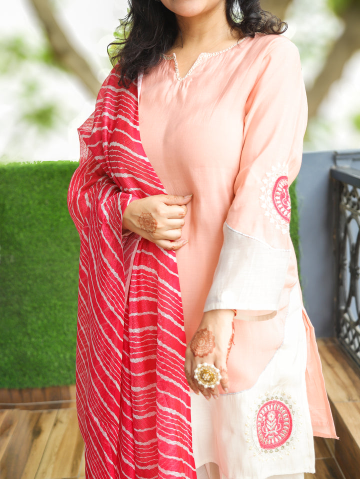 Malaika Peach Embroidered Farsi Mul Chanderi 3 Piece Set