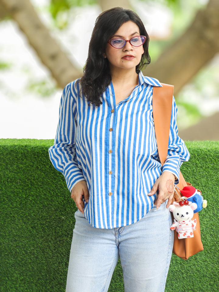 Himani Denim Blue Stripe Print Wood Button Cotton Shirt