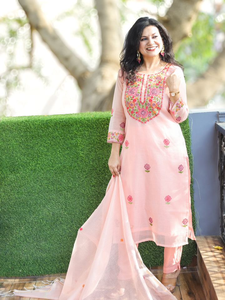 Jane Peach Kolkata Hand Embroidery Kota Doriya Set