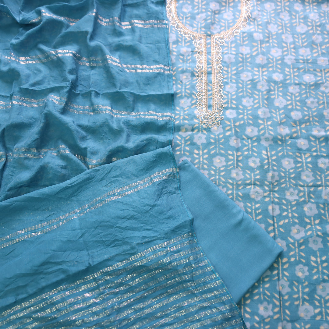 Sajna Cerulean Aqua Embellish Zari Neck Work in Foil Work Modal Suit Set