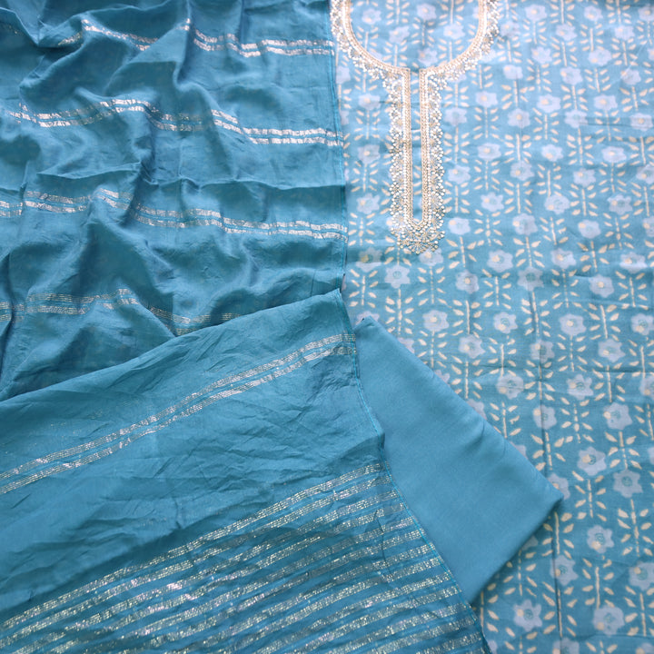 Sajna Cerulean Aqua Embellish Zari Neck Work in Foil Work Modal Suit Set