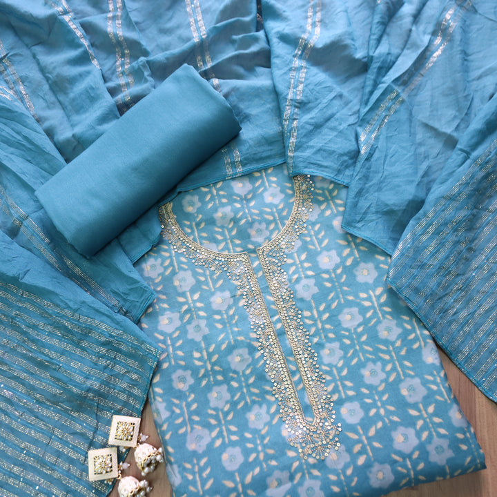 Sajna Cerulean Aqua Embellish Zari Neck Work in Foil Work Modal Suit Set
