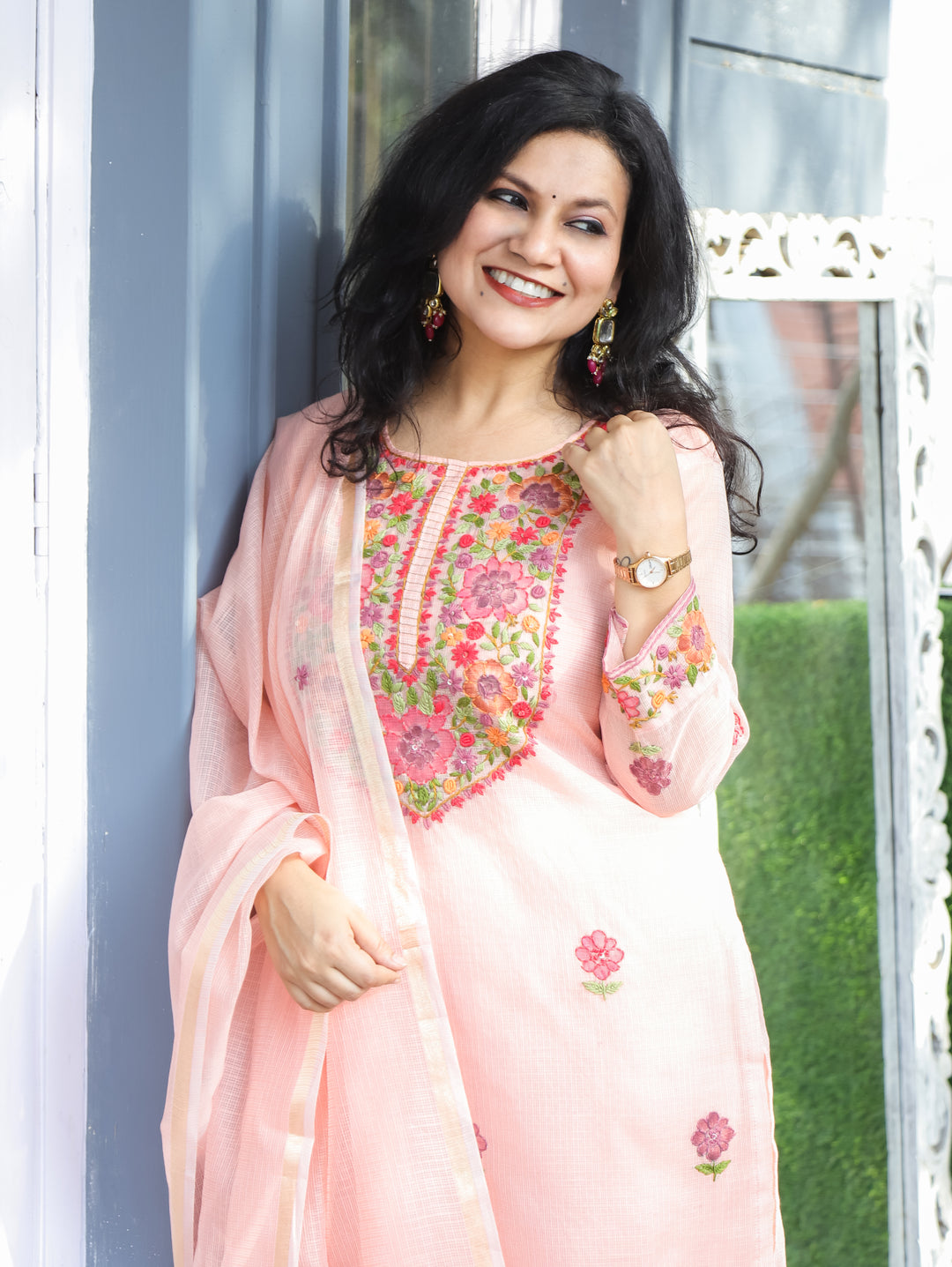 Jane Peach Kolkata Hand Embroidery Kota Doriya Set