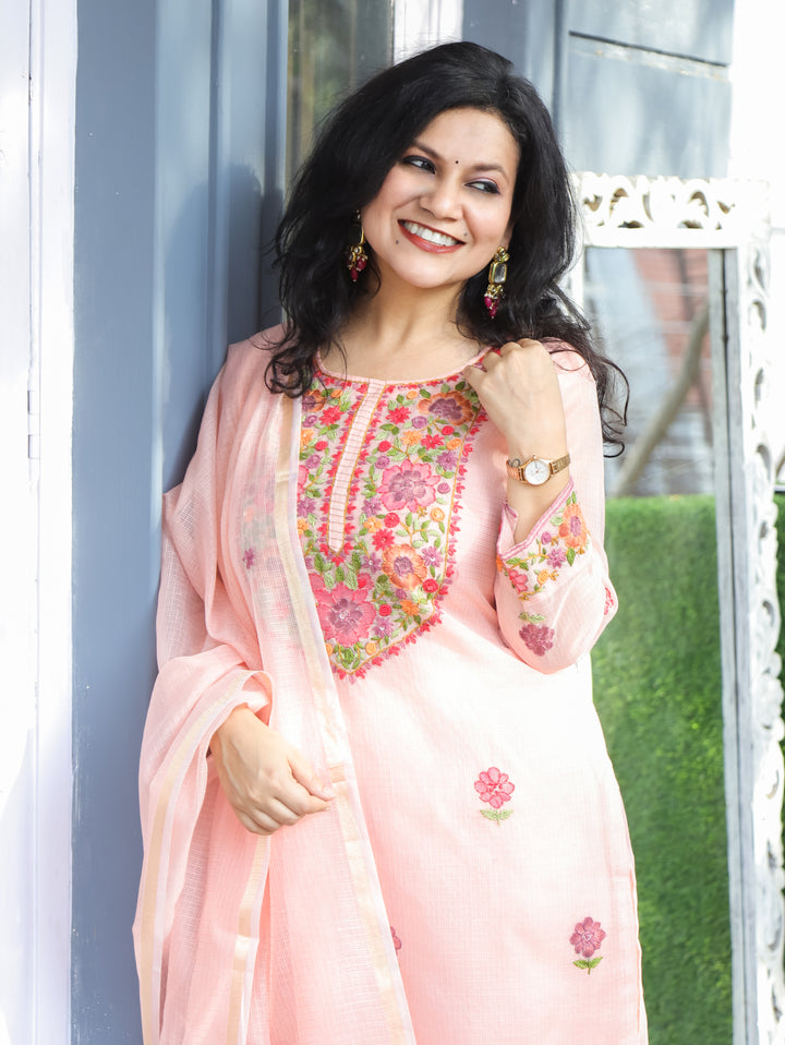 Jane Peach Kolkata Hand Embroidery Kota Doriya Set