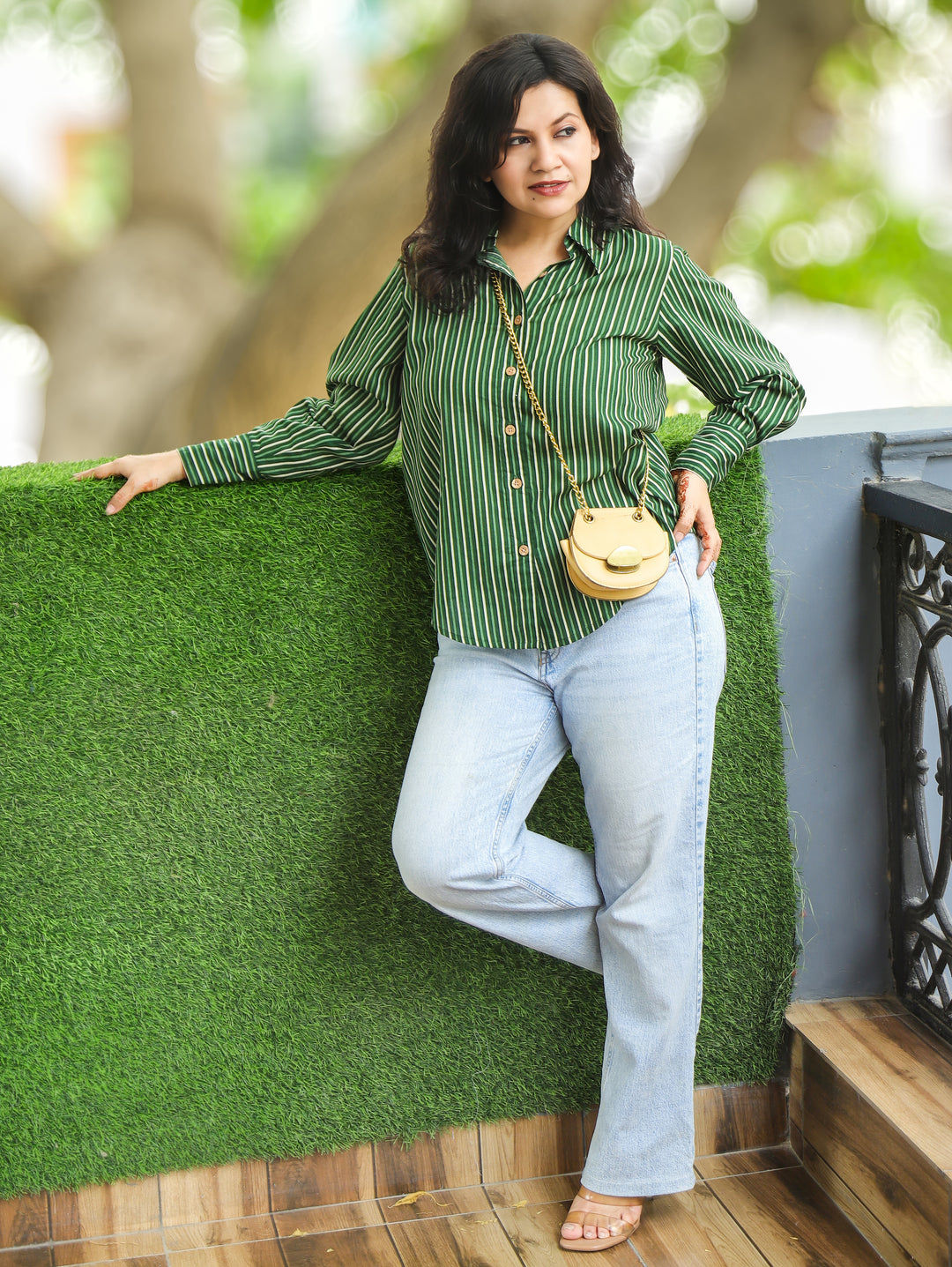 Himani Forest Green Stripe Print Wood Button Cotton Shirt