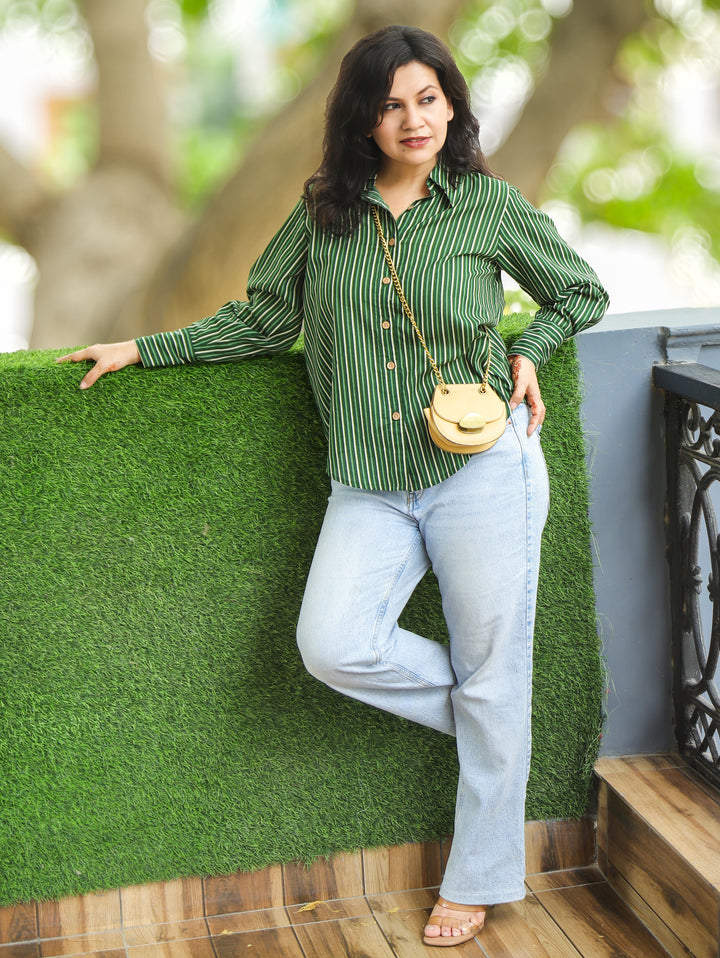 Himani Forest Green Stripe Print Wood Button Cotton Shirt
