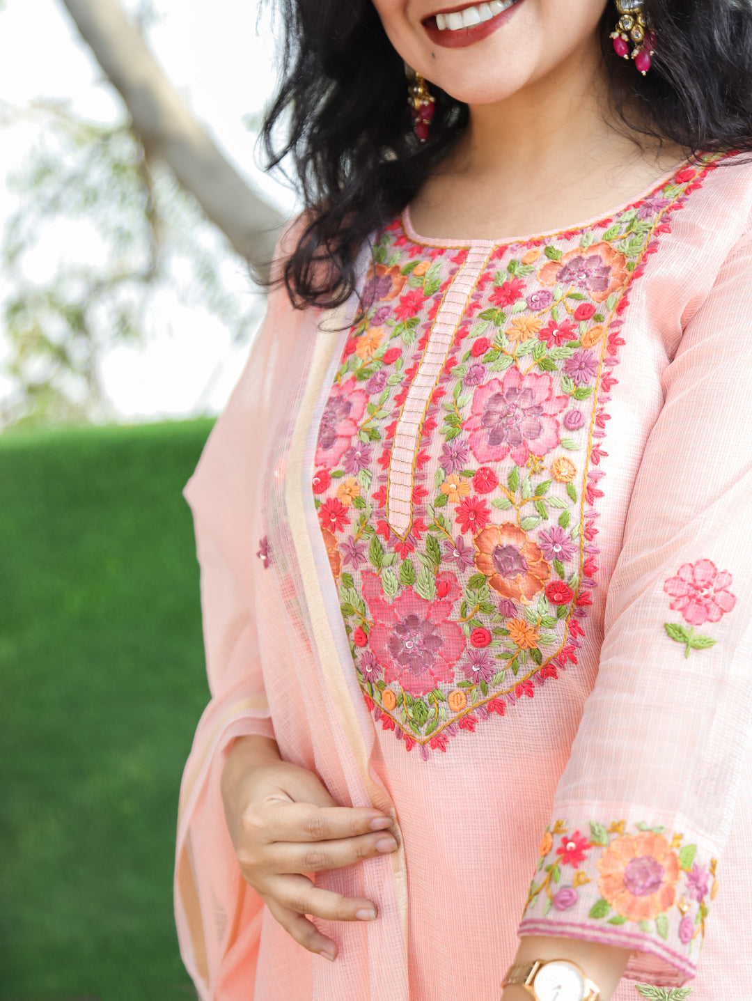 Jane Peach Kolkata Hand Embroidery Kota Doriya Set