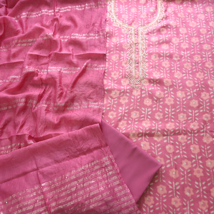 Sajna Mauve Blush Embellish Zari Neck Work in Foil Work Modal Suit Set