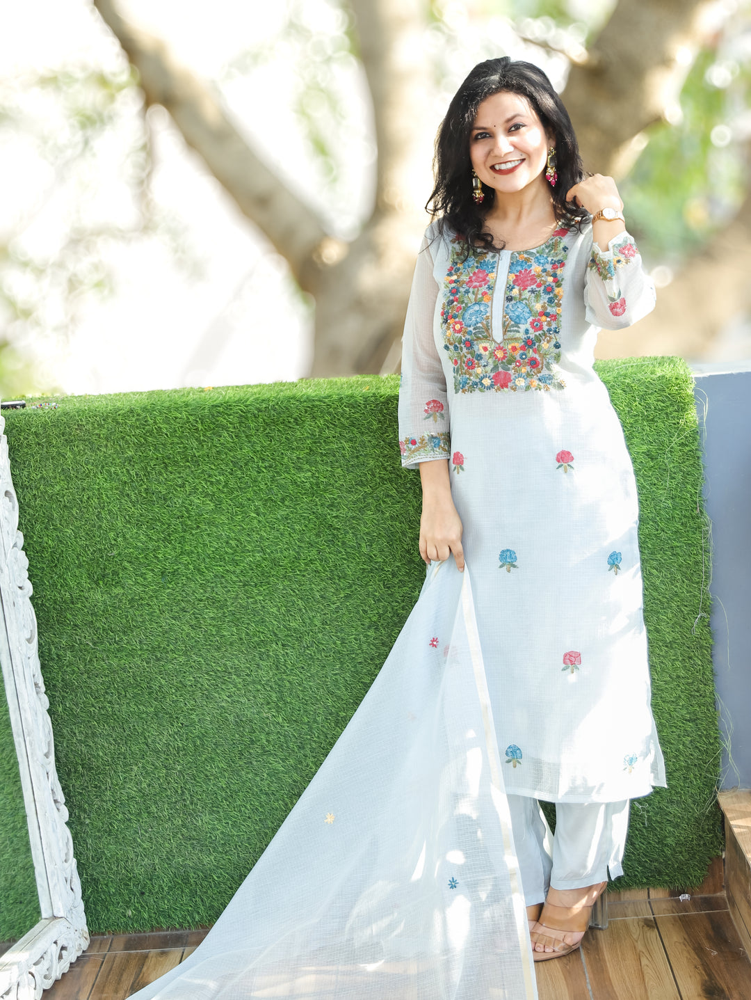 Jane Blue Kolkata Hand Embroidery Kota Doriya Set