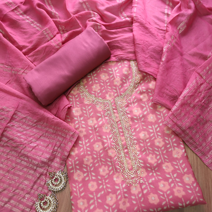 Sajna Mauve Blush Embellish Zari Neck Work in Foil Work Modal Suit Set