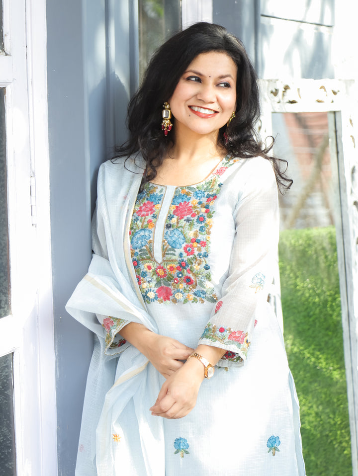 Jane Blue Kolkata Hand Embroidery Kota Doriya Set