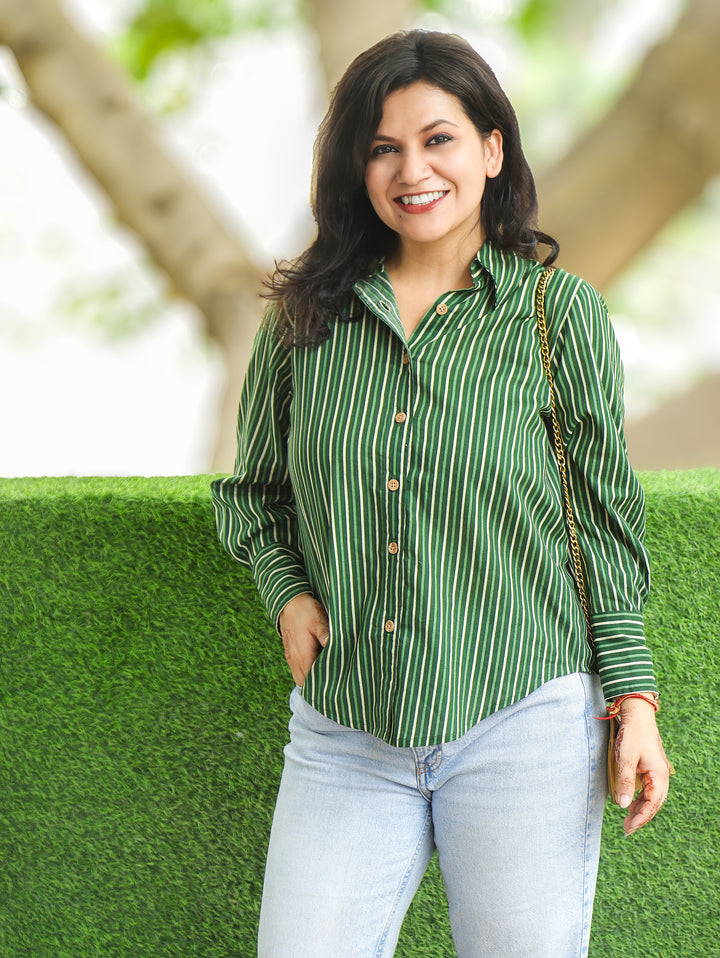 Himani Forest Green Stripe Print Wood Button Cotton Shirt